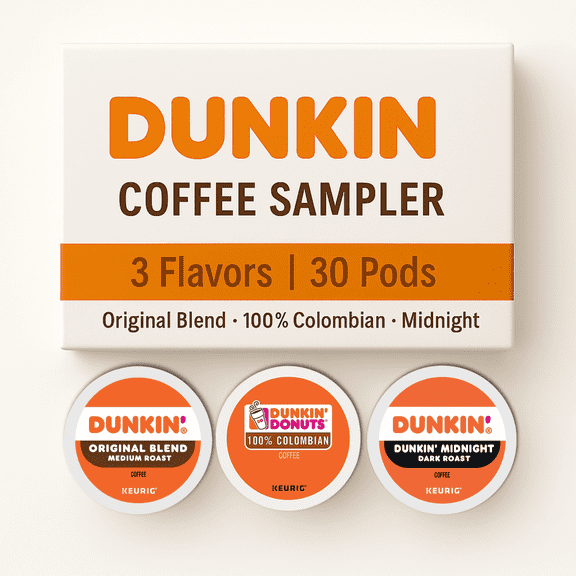 Dunkin K-Cups Coffee Variety Box - Original Blend, 100% Colombian, Midnight Dark Roast, 30 Count with Recipe eBook