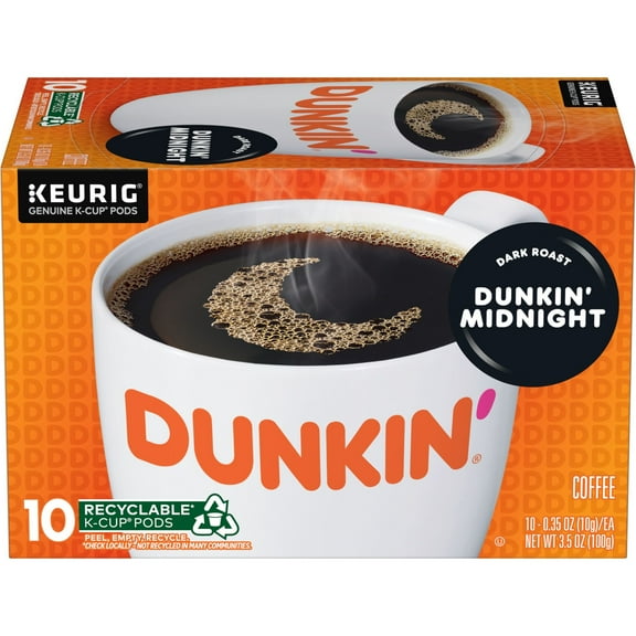 Dunkin Midnight Dark Roast Coffee, Keurig K Cup Pods, 10 Count Box