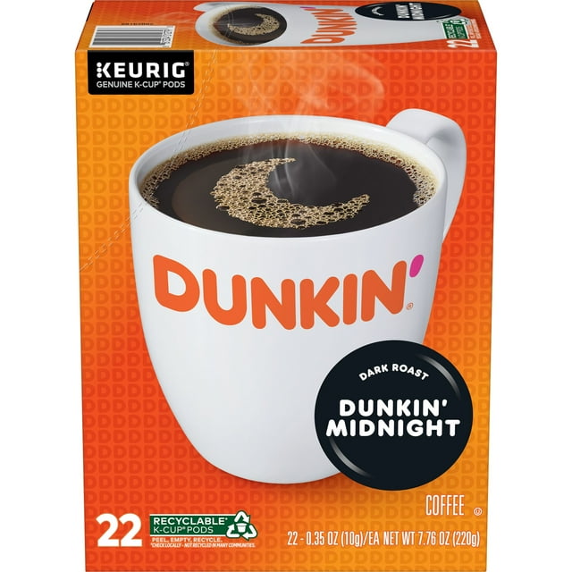 Dunkin Midnight Coffee, Dark Roast, Keurig KCup Pods, 22 Count Box