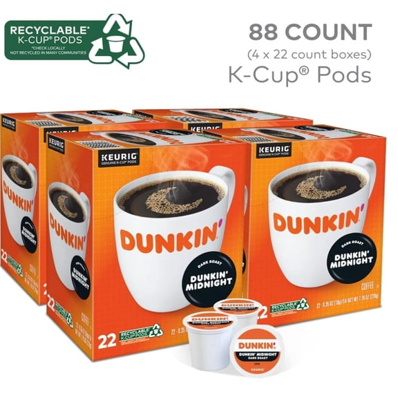 Dunkin Midnight Extra Dark Roast Coffee K-Cups 88 Count (4 Boxes x 22 Ct)