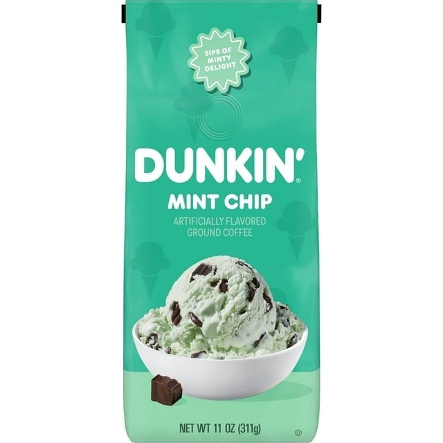 Dunkin’ Mint Chip Artificially Flavored Dark Roast Coffee, Ground Coffee, 11 oz Bag (2 PACK)