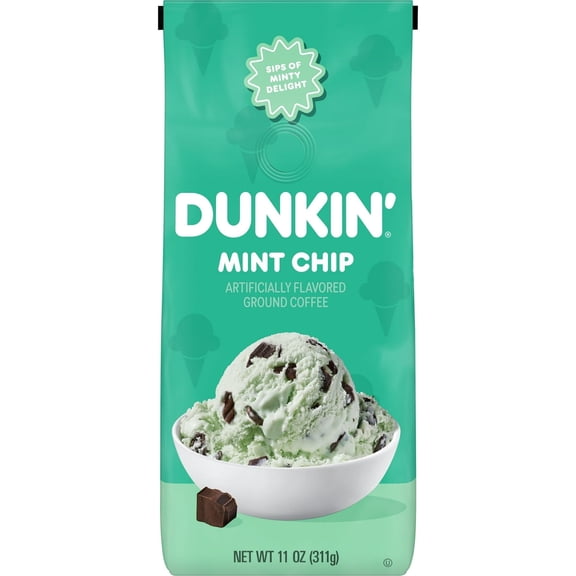 Dunkin Mint Chip Artificially Flavored Dark Roast Coffee, Ground Coffee, 11 oz Bag (4 PACK)