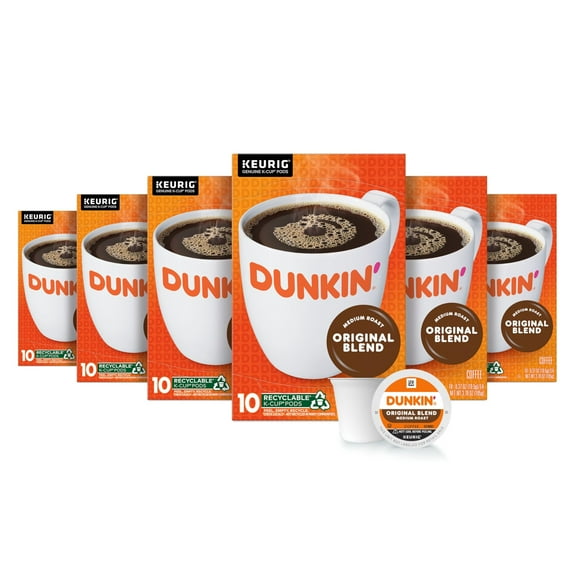 Dunkin Original Blend Coffee, Medium Roast, K-Cup Pods, Keurig K-Cup Pods, 10 Count Boxes (Pack of 6)