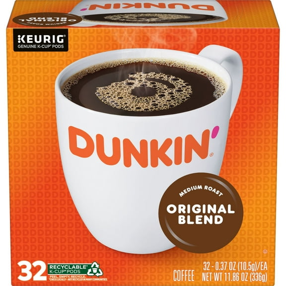 Dunkin Original Blend Medium Roast Coffee, Keurig K Cup Pods, 32 Count Box