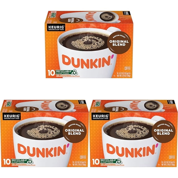 Dunkin, Original Blend Medium Roast Coffee, 10 Keurig K-Cup Pods (Pack Of 3).
