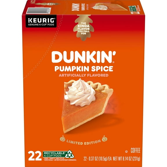 Dunkin’ Pumpkin Spice Artificially Flavored Coffee, Keurig K Cup Pods, 22 Count Box