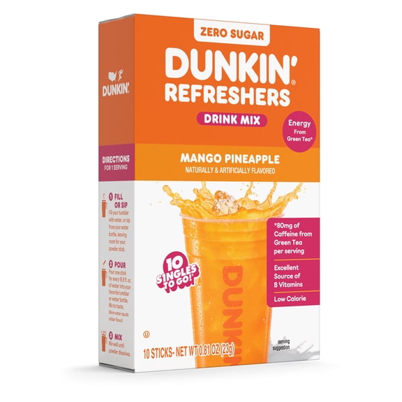 Dunkin' Refreshers Mango Pineapple, Singles to Go Powdered Drink Mix, 10 Count Packets