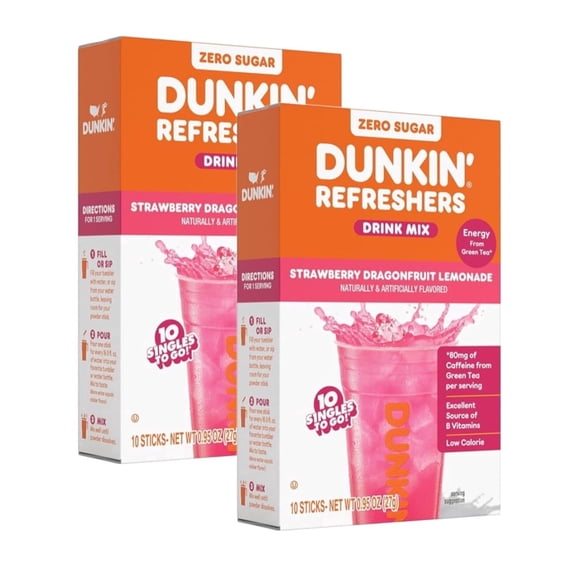 Dunkin Refreshers Zero Sugar Strawberry Dragonfruit Lemonade Drink Mix 10 Sticks (2 Pack)