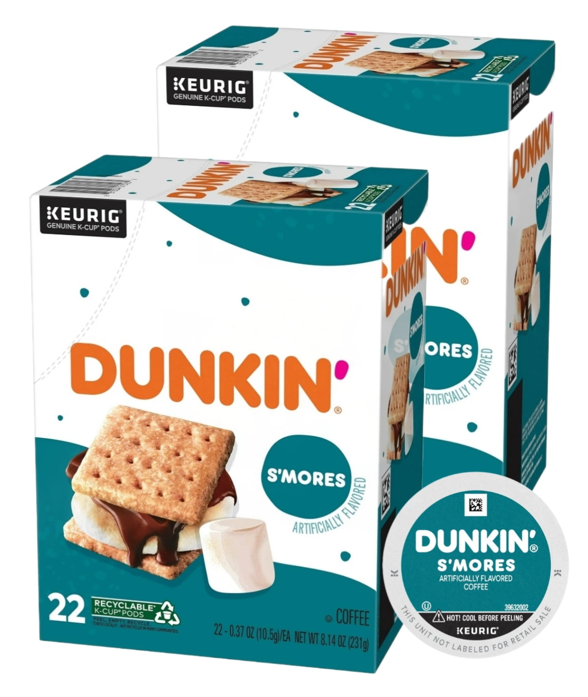 Dunkin Smores Flavored Coffee K Cups 2 Pack, 22 K Cups Per Box