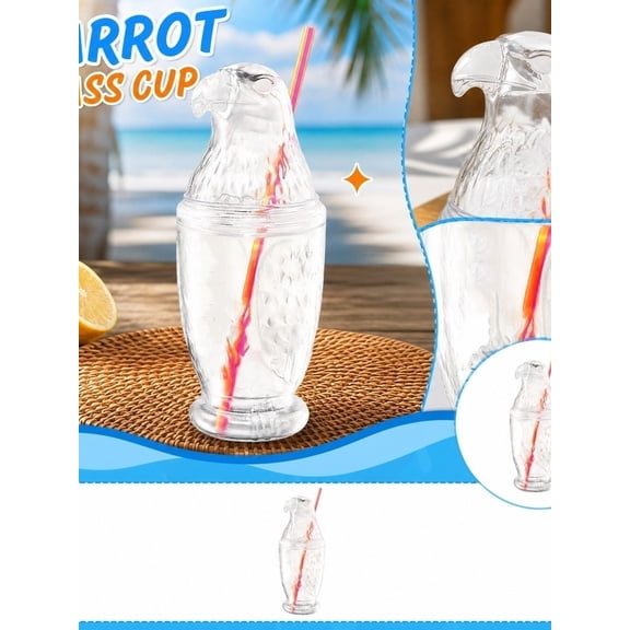 Dunking Donut Eagle Cup, Glass Eagle Shaped Sipper Cup with Straw, Clear Bird Lid Drinkware, 20 cm Tall Novelty Beverage Cup, Party Table Decor, Desk Display, Home Bar Accent, and Gift Choice