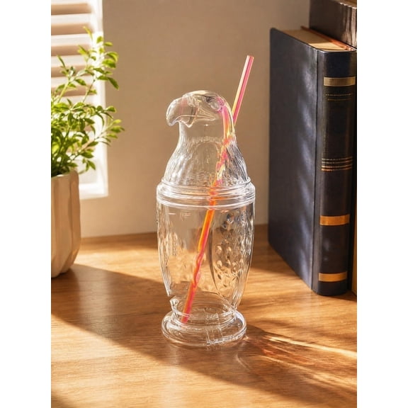 Dunking Donut Eagle Cupcc, Clear Eagle Lid Glass Tumbler with Straw, Novelty Bird Drink Cup, 20 cm Tall Decorative Sipper for Kitchen Shelf, Party Drinks, Office Desk, Home Bar, and Gifts