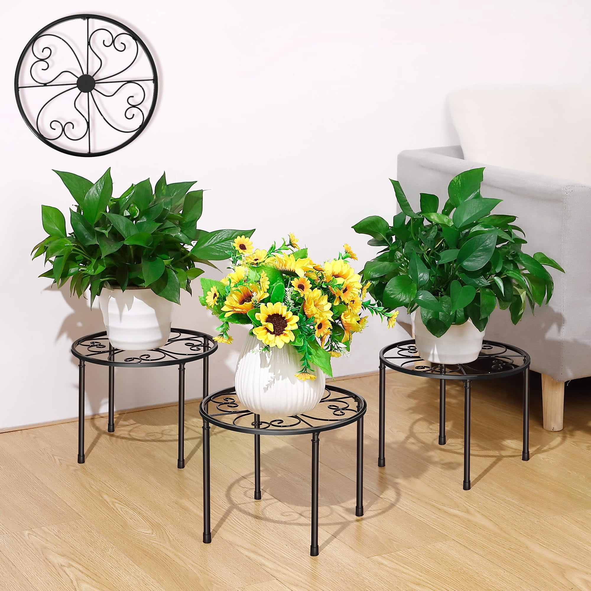 Dunkive 3 Pack Metal Plant Stands for Outdoor Anti Rust Round Iron ...
