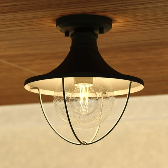 Dunlap Textured Black Coastal Outdoor Flush Mount Ceiling Light Clear Glass