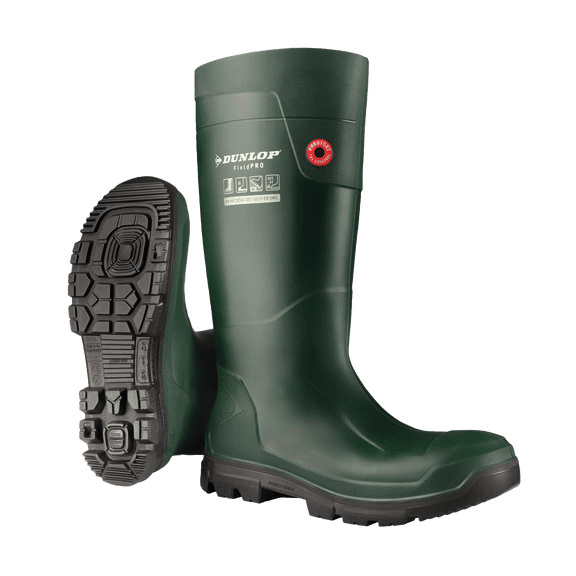 Dunlop FieldPro Full Safety Men's Steel Toe Waterproof Boots - Lightweight, Slip-Resistant, Green/Black, Size 12 US