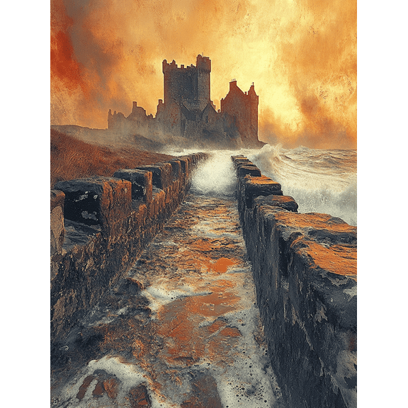 Dunluce Castle Sunset Ocean Wave Canvas Print/Wall Art Perfect for Living RoomBathroom and Hallway Decoration.