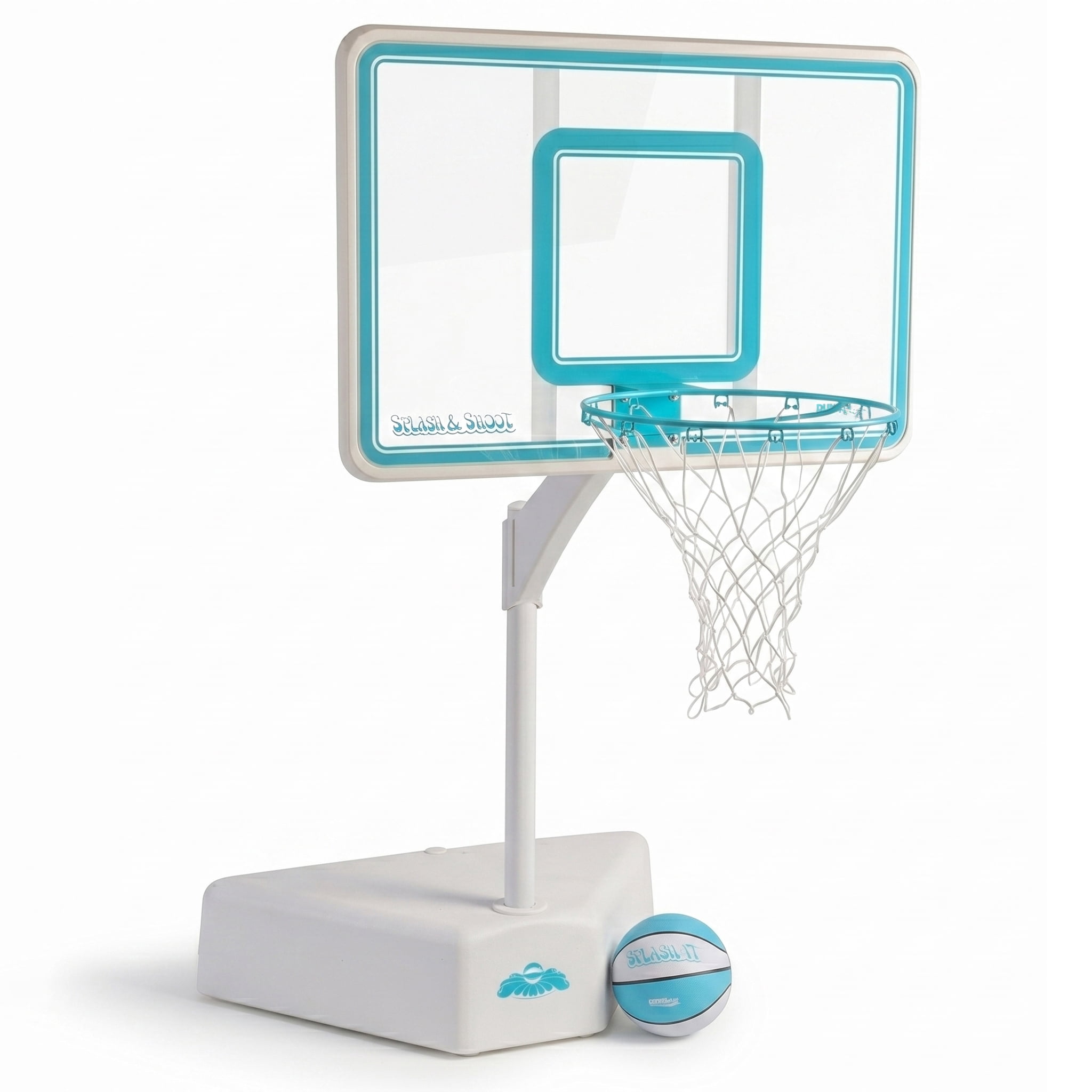 Dunn-Rite Splash & Shoot Pool Basketball Hoop, Adjustable Height Backboard – 200lbs Water-Filled Base, Stainless Steel Rim & Waterproof Basketball, Made in USA, Clear Aqua