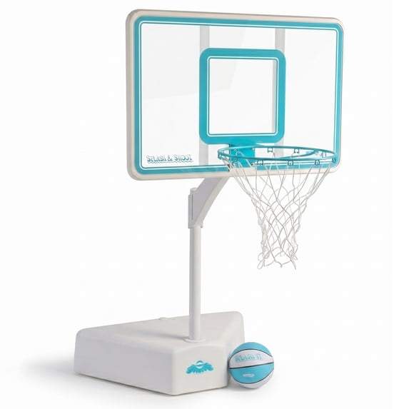 Dunn-Rite Splash & Shoot Pool Basketball Hoop, Adjustable Height Backboard – 200lbs Water-Filled Base, Stainless Steel Rim & Waterproof Basketball, Made in USA, Clear Aqua