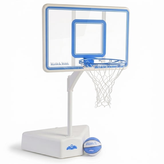 Dunn-Rite Splash & Shoot Pool Basketball Hoop, Adjustable Height Clear Backboard – 200lbs Water-Filled Base, Stainless Steel Rim & Waterproof Basketball, Made in USA, Clear Blue
