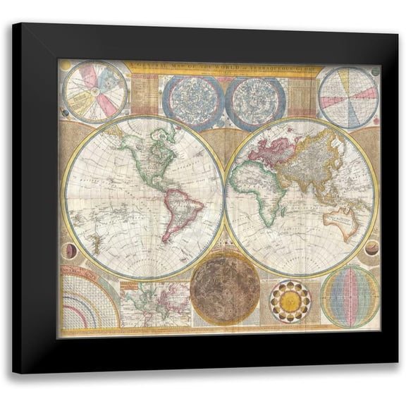 Dunn, Samue. 23x20 Black Modern Framed Museum Art Print Titled - Map of the World in Hemispheres