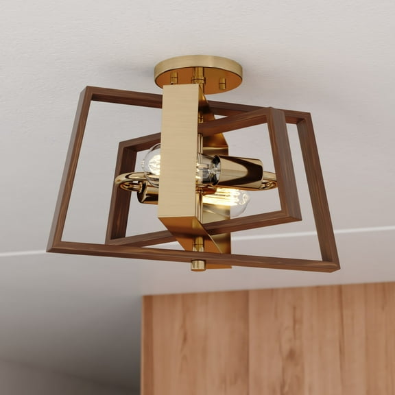 Dunning 16-in W Brass and Chestnut MCM Transitional Semi Flush Mount Ceiling Light