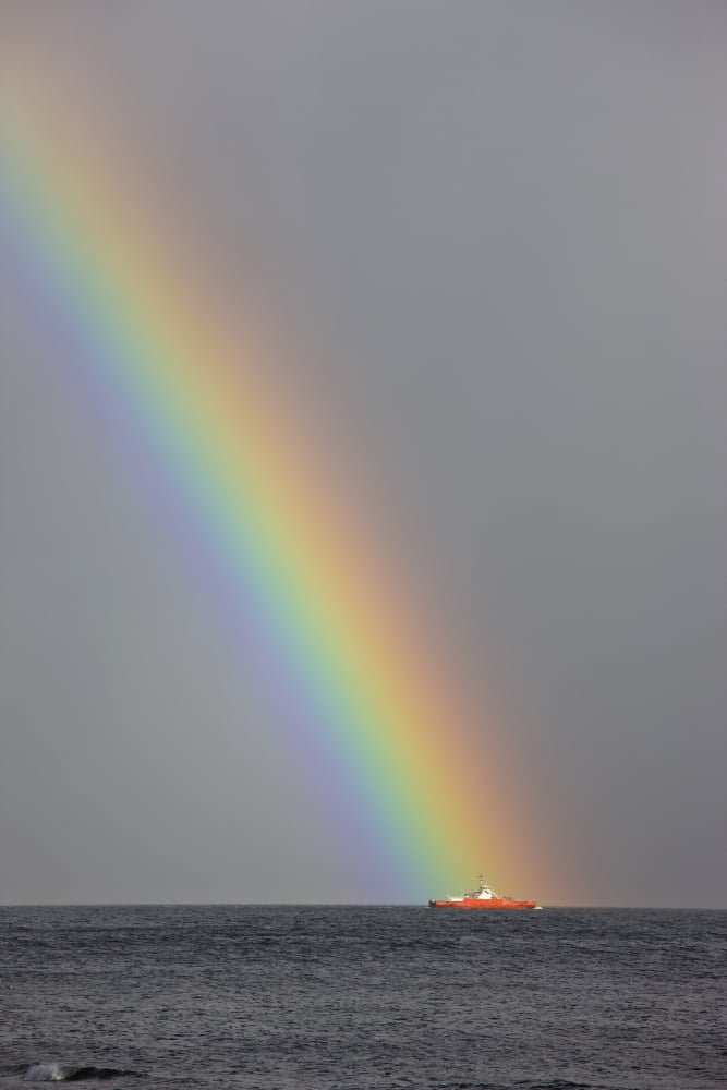 Dunoon Argyll Scotland Rainbow Leading To A Boat On The Ocean Canvas Art - John Short Design Pics (24 x 36)