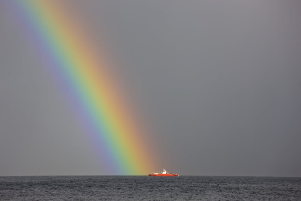Dunoon Argyll Scotland Rainbow Leading To A Boat On The Ocean Canvas Art - John Short Design Pics (36 x 24)
