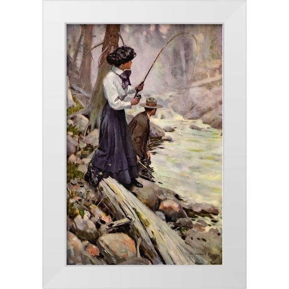 Dunton, William 22x32 White Modern Wood Framed Museum Art Print Titled - Lady Fishing from The Greater Power 1909