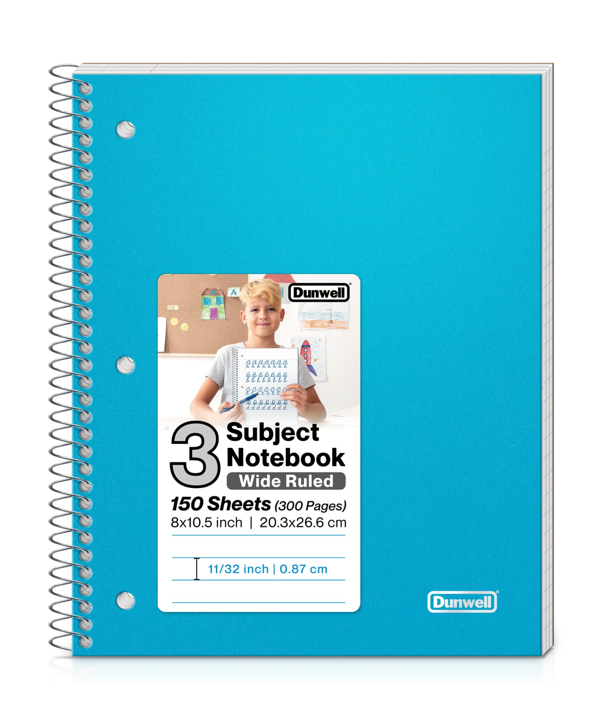Dunwell 3-Subject Wide Ruled Spiral Notebook, (Blue) Plastic Cover, 150 Sheets 8x10.5 Wide Rule Paper, Perforated Pages, 3 Poly Divider Folders, Spiral Notebook with Pockets, Three Subject Notebook