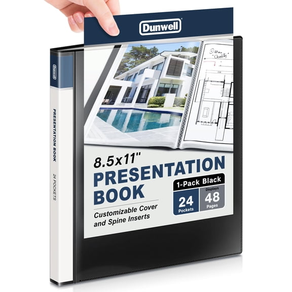 Dunwell Presentation Binder 24-Pocket, Displays 48 Pages, 8.5x11 Portfolio Binder with Plastic Sleeves, Storage and Organizer for Documents, Certificates, Projects, Photos (Black)