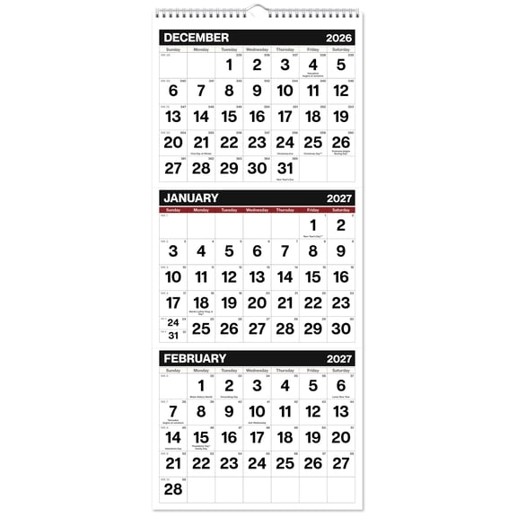 Dunwell 2027 Three Month Wall Calendar, Black, January to December 2027, Twin-Wire Bound