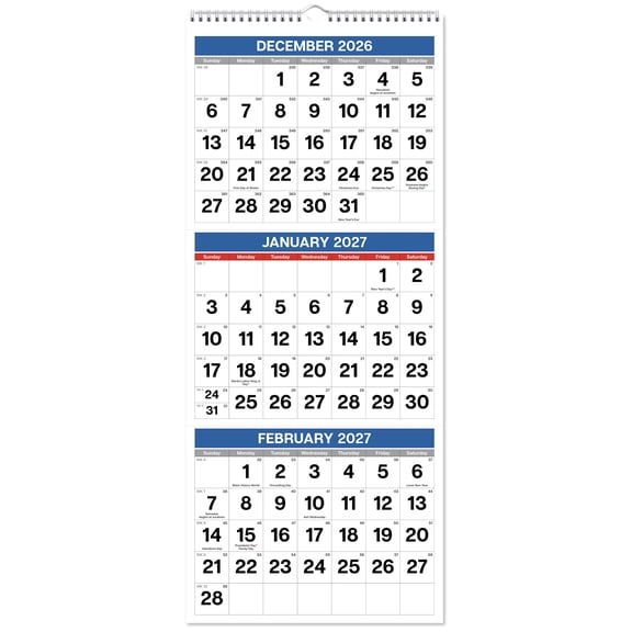 Dunwell 2027 Three Month Wall Calendar, Blue, January to December 2027, Twin-Wire Bound