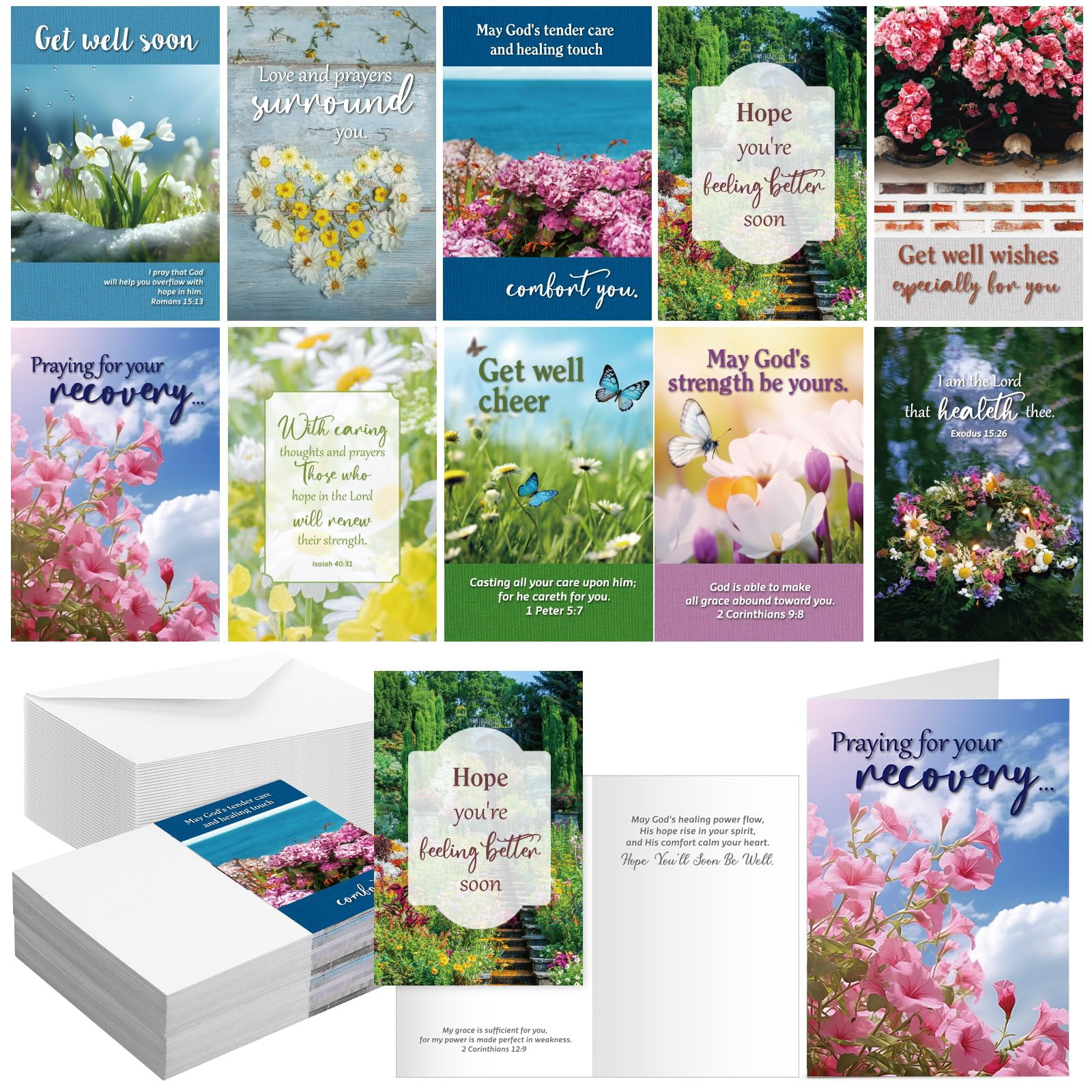 Dunzoom 50 Pack Religious Get Well Cards with Scripture Assorted Bible