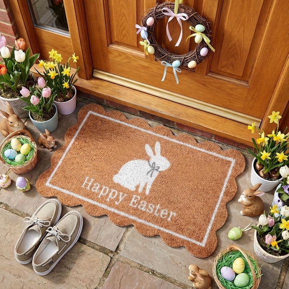 Easter Doormat Happy Easter White Bunny Coir Door Mat Outdoor Natural Rabbit Welcome Non-Slip Front Mat Decorative Rugs Gifts for Indoor Home Farmhouse Entrance Porch Spring Party Decor