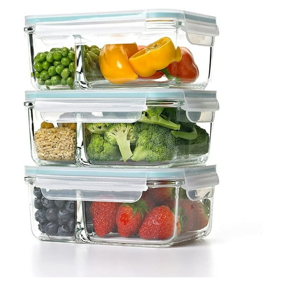 Duo 3 Piece Clear Tempered Glass Microwave, Dishwasher, Freezer, Divided Food Storage Containers with Snap Lock BPA Free Plastic Lids