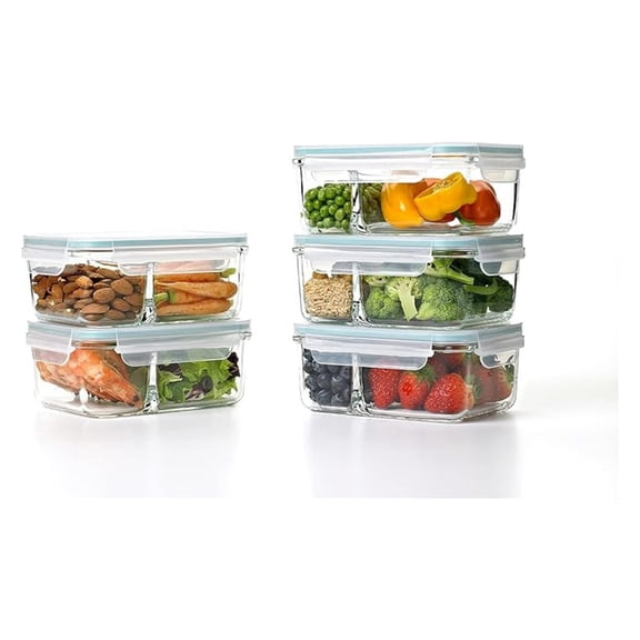 Duo 5 Piece Clear Tempered Glass Microwave, Dishwasher, Freezer Safe Divided Food Storage Containers with Snap Close BPA Free Plastic Lids