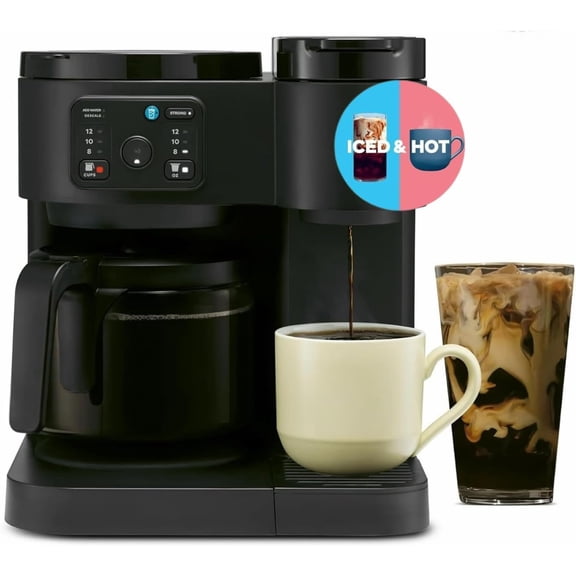 Duo Essentials Coffee Maker for Hot and Iced Drinks Single Serve KCup Pod Brewer and 12 Cup Carafe Drip Coffee Pot 72 oz Water Reservoir Perfect for Home & Office Use Black