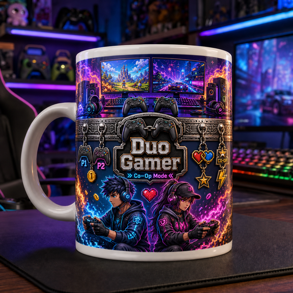 Duo Gamer Mug Father's Day Gift for Dad, Co-Op Gaming Coffee Cup for Player Dads