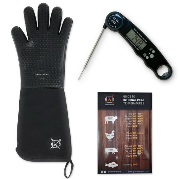 Duo Pack Instant Read Food and Meat Digital Thermometer and Grilling Glove. Power Saving and Backlight function. Grilling Guide Included