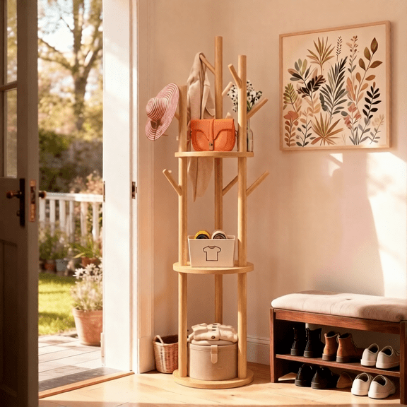 DuoBao Standing Coat Rack Wooden Rotary Coat Rack with 3 Shelves and 9 Hooks for Coats, Scarves, Handbags,Freestanding Coat Tree for Bedroom, Entryway, Livingroom