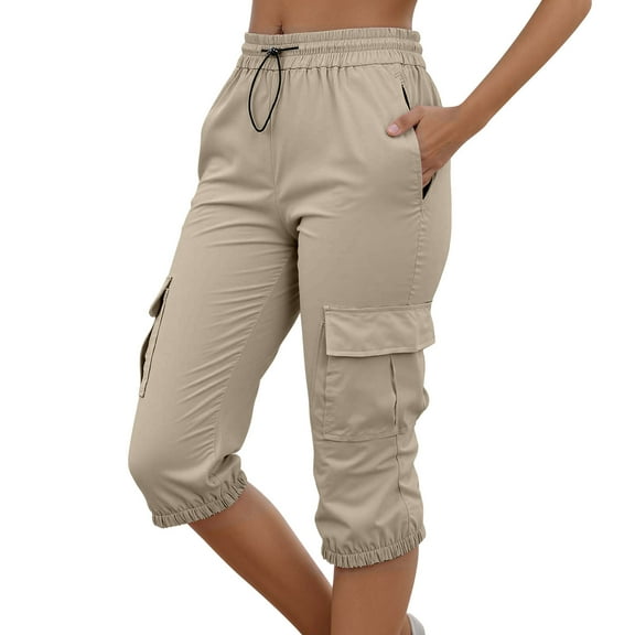 DuoJiaJ 2025 Women's Elastic Waistband Pocket Solid Color Quarter Workwear Pants Plus Size Casual Pants Women