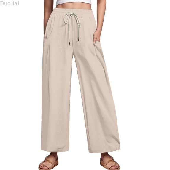 DuoJiaJ 2026 New Drawstring Pocket Wide Leg Women's Casual Pants Women's Pants Women's Lounge Pants Beige L