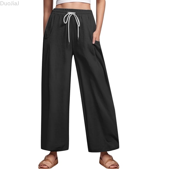 DuoJiaJ 2026 New Drawstring Pocket Wide Leg Women's Casual Pants Women's Pants Women's Lounge Pants Black XL