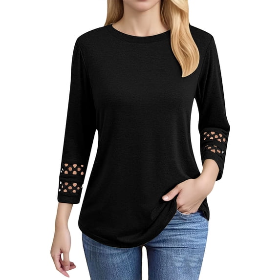 DuoJiaJ 3/4 Length Sleeve Womens Tops Crewneck Lace Tunic Business Casual Dressy Blouses Spring Trendy Clothes Women’s Casual T-Shirts Black L