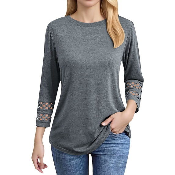 DuoJiaJ 3/4 Length Sleeve Womens Tops Crewneck Lace Tunic Business Casual Dressy Blouses Spring Trendy Clothes Women’s Casual T-Shirts Gray M
