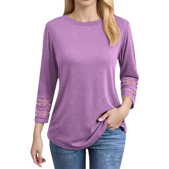 DuoJiaJ 3/4 Length Sleeve Womens Tops Crewneck Lace Tunic Business Casual Dressy Blouses Spring Trendy Clothes Women’s Casual T-Shirts Purple S