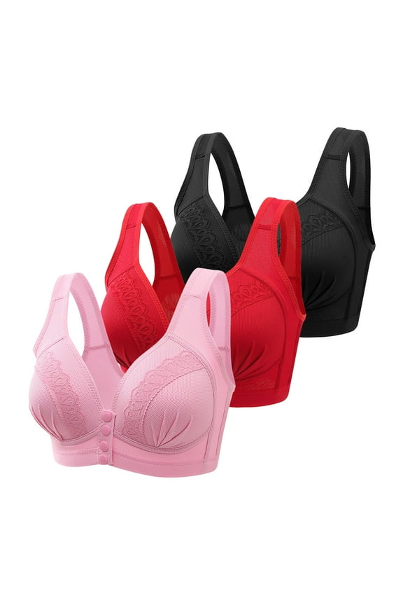3 PCS Bras for Women Front Closure Comfort Senior Wireless Snap Closing Bra Black