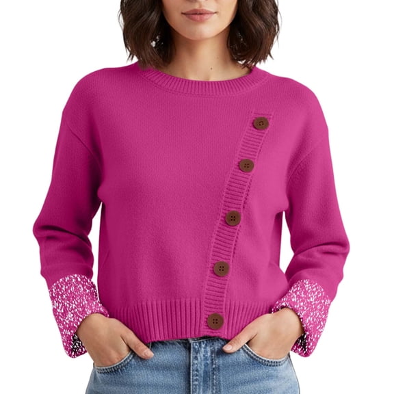 DuoJiaJ Asymmetrical Button Pullover Sweater Ribbed Knit Soft Comfortable Casual For Fall Winter Fashion Womens Fall Sweater Pullover Pink One Size