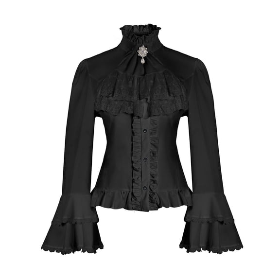 DuoJiaJ Blouse Womens Gothic Shirt Vintage Long Sleeve Ruffle Tops Women's Linen Shirts Black L