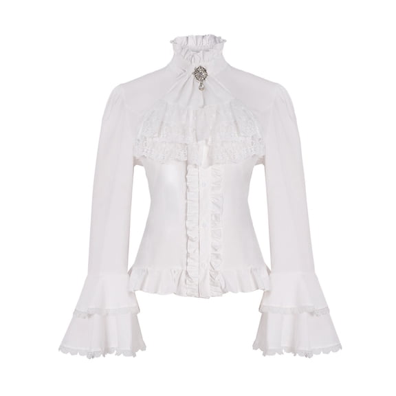 DuoJiaJ Blouse Womens Gothic Shirt Vintage Long Sleeve Ruffle Tops Women's Linen Shirts White M