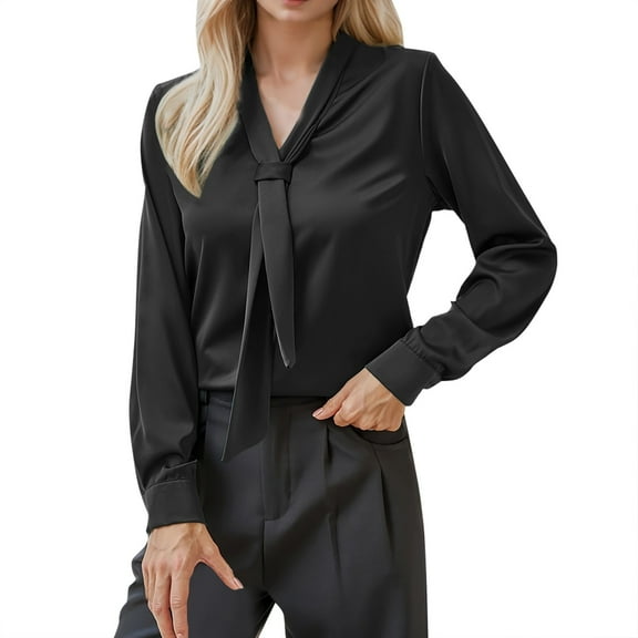 DuoJiaJ Blouses For Women Dressy Bow Tie Neck Long Sleeve Work Shirt Formal Casual Wear Women's Linen Shirts Black L